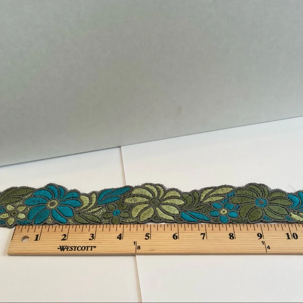 Blue Green Floral Flower Trim Embroidery 2